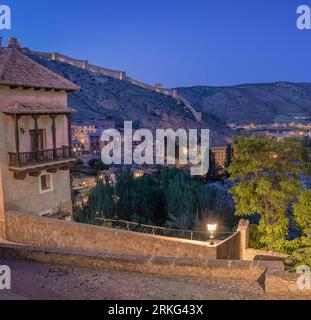 Medieval streets and houses at dusk in one of the most beautiful villages of Teruel and Spain. Albarracin. Stock Photo
