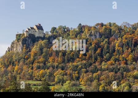 Schloss Werenwag im herbstlichen Oberen Donautal, Beuron, Naturpark obere Donau, Bezirk Sigmaringen, Schwäbische Alb, Baden-Württemberg, Deutschland Stockfoto