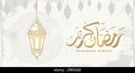 Ramadan Kareem greeting card with hanging lanterns and arabic calligraphy means "Holly Ramadan". Sketch hand drawn style Isolated on white background. Stock Vektor