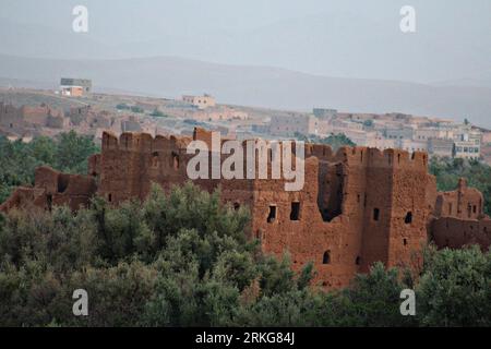 An aerial view of a fortified village in El-Kelaa M'gouna, Dades Valley, High Atlas region of Morocco Stock Photo