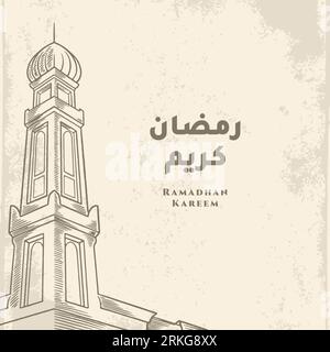 Ramadan Kareem greeting card with mosque tower sketch and arabic calligraphy means "Holly Ramadan" . Vintage hand drawn isolated on white background. Stock Vektor