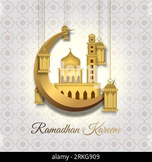 Ramadan Kareem greeting card with golden big mosque in golden crescent, hanging lantern and Arabic calligraphy means 'Holly Ramadan'. Hand drawn sketc Stock Vector
