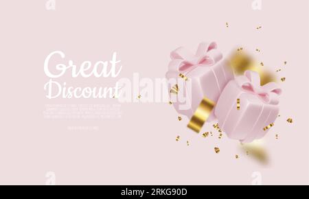 3D-Verkaufsdesign mit Geschenkboxen, glänzendem Konfetti. Stock Vektor