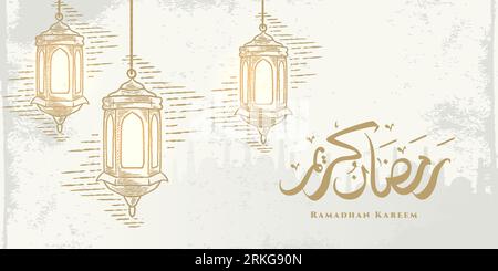 Ramadan Kareem Grußkarte mit hängenden goldenen Laternen und arabischer Kalligraphie bedeutet „Holly Ramadan“. Handgezeichnete Skizze elegantes Design Isolat Stock Vektor