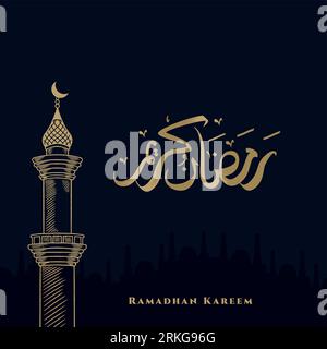 Ramadan Kareem greeting card with mosque tower sketch and arabic calligraphy means "Holly Ramadan" . Vintage hand drawn isolated on navy background. Stock Vektor