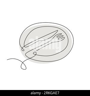 Eine durchgehende Leitungsplatte, Messer und Gabel. Lebensmittelsymbol. Zeichen von Platte, Messer und Gabel. Minimalismus Hand gezeichnet One Line Art minimalistischer Vektor illustrat Stock Vektor