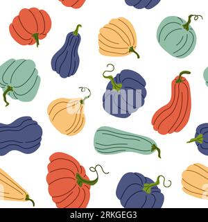 Seamless pattern with hand drawn pumpkins in flat style. Autumn texture for thanksgiving, harvest and halloween. Vector Illustration isolated on a Stock Vektor