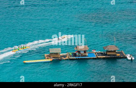 An aerial view of Boracay Island in the Philippines, with a variety of boat activities taking place Stock Photo