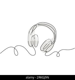 Einzeilige Zeichnung eines Kopfhörers mit grauer Farbe. Gerät Gadget kontinuierliches Strichdesign isoliert auf weißem Hintergrund. Musikelement für Musikgenuss Stock Vektor