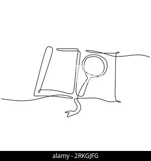 One continuous line of a magnifying glass above an open book. Zoom in and discovery concept. Stock Vektor