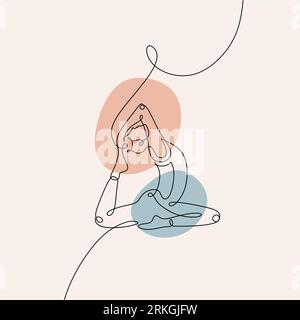 continuous line drawing of women fitness yoga concept. Woman doing yoga with hand holding her leg with blue and pink color. Stock Vector