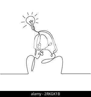 Continuous one drawn line of a woman thinking with light bulb above her head. Allegory of solution and creative search. Minimalism concept of idea and Stock Vector