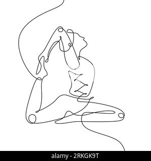 continuous line drawing of women yoga, king pigeon pose concept. Woman doing yoga with hand holding her leg in black white color. Stock Vector