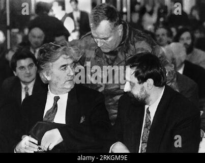 110720 -- BELGRADE Xinhua -- This file photo taken on 1993 shows the former Bosnian Serb leader Radovan Karadzic L, and the former leader of the Republic of Serbian Krajina Goran Hadzic. Serbian authorities have arrested Serbia s last remaining war crimes fugitive Goran Hadzic, local media reported on Wednesday. Xinhua/Tanjug SERBIA-BELGRADE-HADZIC-ARREST PUBLICATIONxNOTxINxCHN Stock Photo