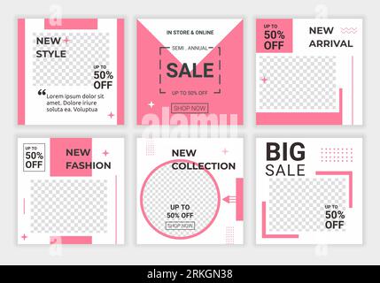 Beautiful feminine set of square with horizontal and circle social media background templates for posts and banners. Beauty feed with pink and white c Stock Vektor