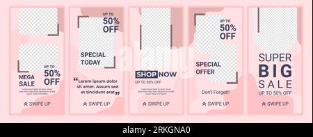 5 Set of cute feminine sale banners for social media stories with soft pastel pink color. Business template design for fashion or beauty salon discoun Stock Vektor