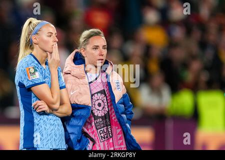 Sydney, Australia, August 20th 2023:  Chloe Kelly (18 England) and Jordan Nobbs (12 England) looks dejected and disappointed after their loss during the FIFA Womens World Cup 2023 Final football match between Spain and England at Stadium Australia in Sydney, Australia.   (Daniela Porcelli / SPP) Stock Photo