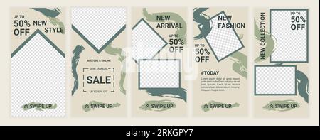 Set of social media stories post square banner layout in green pastel color. Modern template design perfect for advertising and branding a fashion sto Stock Vector