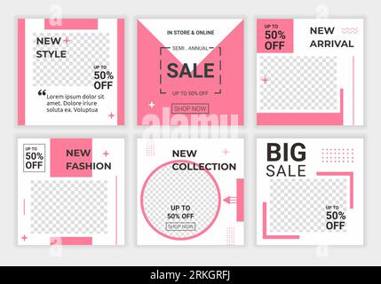 6 Set editable modern minimal square banner templates in pink and white background color with stripe line shape. Fashion summer flash sale. Good for s Stock Vector