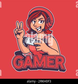 Gamer girl mascot gaming e-sport logo template. Beautiful ladies character with headphone and holding joystick isolated on red background. Sport illus Stock Vector