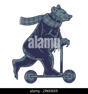 Cooler Bär trägt Schal auf Roller. Vintage Spaß Teddybär auf Kick Roller, genießen Sie die Fahrt isoliert auf einem weißen Hintergrund. Kann für T-Shirt-Druck verwendet werden Stock Vektor