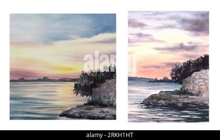 Watercolor landscape illustration set. Colourful sunset on the sea, the cloud and reflection on the water. Hand drawn background pier wall tree Stock Photo