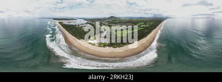 An aerial view of the stunning Seven Mile Beach, with its white sand and crystal blue waters Stock Photo