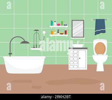 Set für Badezimmer mit stilvollen, bequemen Möbeln und moderner Wohndekoration in trendigem Stil. Gemütliches, möbliertes Haus mit Dusche, Spiegel, Waschbecken, Stock Vektor