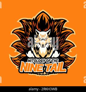 Fox head sports logo mascot design illustration for sport and e-sport or gaming team. Angry wild fox with nine tail mascot Sport wear typography emble Stock Vector