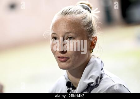 Monchengladbach, Germany. 25th Aug, 2023. Belgium's Charlotte Englebert pictured during a press conference of the Belgian Red Panthers Belgium's national women's hockey team in Monchengladbach, Germany, on Friday 25 August 2023. The Red Panthers have qualified for the final of the Women's hockey European championships in Monchengladbach from 18 August to 27 August 2023. BELGA PHOTO DIRK WAEM Credit: Belga News Agency/Alamy Live News Stock Photo