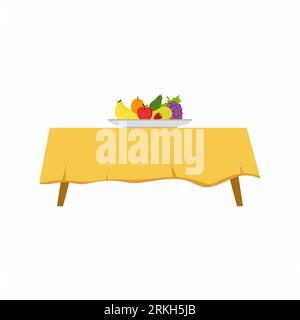 Flat vintage dinner table with fresh fruit plate on it isolated on white background. Kitchen furniture interior concept. Wooden retro table in cartoon Stock Vector