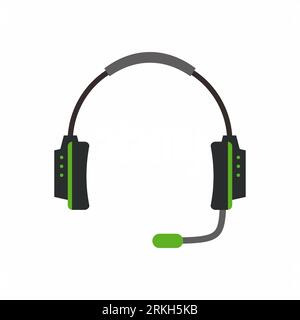 Headset icon. E-sports gaming or online cybersport games cartoon style. Black and green computer gaming headset with microphone on isolated background Stock Vector