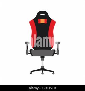 Dark and red gaming chair isolated on white background flat icon. Ergonomic gaming armchair comfortable environment. E-sports equipment concept. Flat Stock Vector