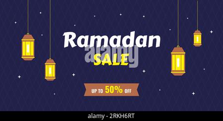 Ramadan Kareem Concept horizontale Banner mit flachen Zeichentricksymbolen. Happy Eid Mubarak mit traditionellen Laternen isoliert auf marineblauem Hintergrund. Islam Stock Vektor