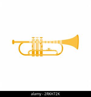 Trompetenmusikinstrument. Klassisches Jazz-Musikinstrument. Messinginstrument-Konzept mit Cartoon-Design. Goldenes Symbol im flachen Stil, isoliert auf weißem Ba Stock Vektor