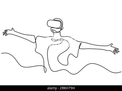 One continuous line drawing of a young man uses Virtual Reality glasses to playing games. A male in head position looked up and spread his arms while Stock Vektor