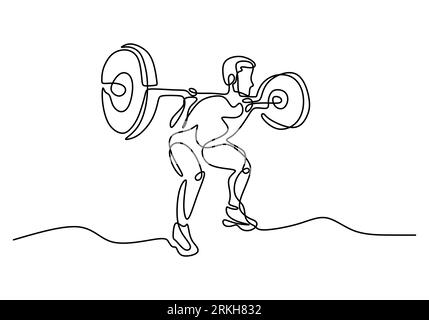 One single line drawing of young sportive man training lift barbell on bench press in sport gymnasium club center. Fitness stretching concept isolated Stock Vector