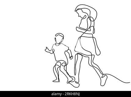 Continuous line drawing of young mother run together with her kid in the morning. Happy cheerful mom and son doing exercise at the field park. Family Stock Vector