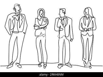 Kontinuierliche Linienzeichnung von Geschäftsleuten, die mit sanfter und selbstbewusster Haltung stehen. Das professionelle Büroarbeiterteam von Character. Vektorillustration si Stock Vektor