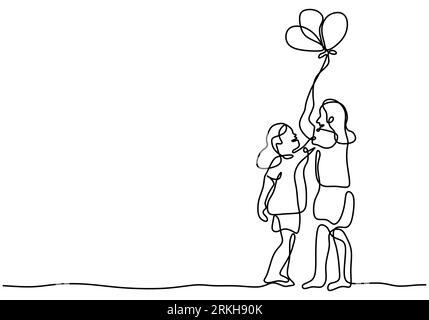 Continuous line drawing of two children playing balloon. Happy cheerful two girls is holding a waving balloon in the wind isolated on white background Stock Vector