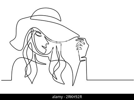 Woman in hat one continuous line art minimalist style. Beauty elegant young modern woman wearing hat isolated on white background. Female fashion conc Stock Vector