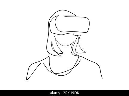 Mädchen, das VR mit einer einzigen durchgehenden einzeiligen Kunstzeichnung verwendet. Intelligente Technologie futuristisches Spielekonzept. Die Charakterfrau spielt Simulationsspiel Stock Vektor