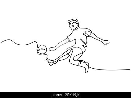 Continuous one line drawing a male soccer player in shorts kicks the ball. Young energetic guy playing football with free style. Soccer match sports c Stock Vector