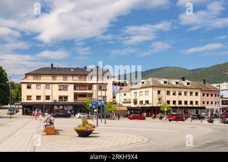 Modern waterfront shops around the pedestrian street on the harbourside. Andalsnes, Møre og Romsdal, Norway, Scandinavia Stock Photo