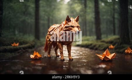 A black and white photograph of a small dog walking through a peaceful wooded area full of vibrant origami flowers Stock Photo