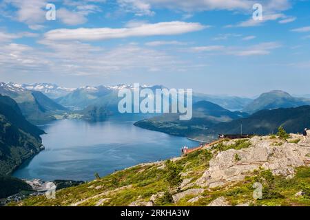 Romsdalgondolen gondola cable car top station on Nesaksla mountain with a view to Romsdalsfjorden. Andalsnes, Møre og Romsdal, Norway, Scandinavia Stockfoto