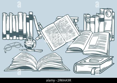 Satz von Hand gezeichneten Büchern in Doodle-Stil Vektor-Illustration. Doodle-Zeichentrickszene über Lesen und Lernen. Bildungskonzept. Verschiedene Bücher, eyegla Stock Vektor