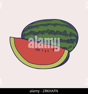 Hand drawn engraved sketch of fresh watermelon fruits. Vegetarian food concept. A whole and slice of watermelon with colored isolated in vintage style Stock Vector