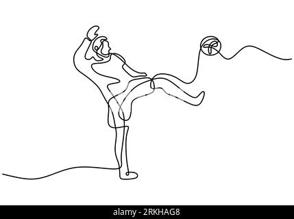 Continuous one line drawing a male soccer player in shorts kicks the ball. Young energetic guy playing football with free style. Soccer match sports c Stock Vector