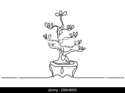 Dekorativer Bonsaibaum in Töpfen durchgehende einzeilige Zeichnung. Alte Schönheit exotische kleine Bonsai Baum für Home Art Wanddekoration. Antike Topfpflanze minimal Stock Vektor